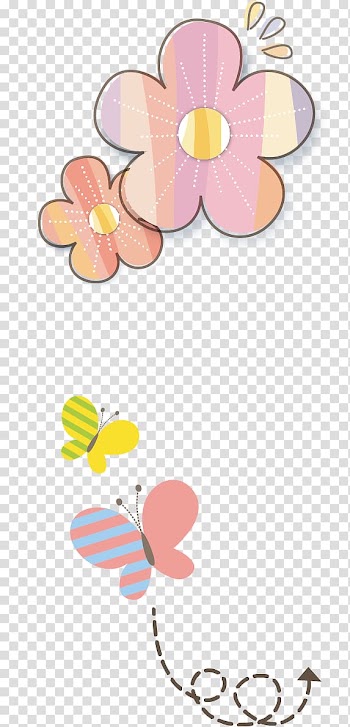 Pink and yellow daisies and yellow butterflies illustration, Floral elements transparent background PNG clipart
