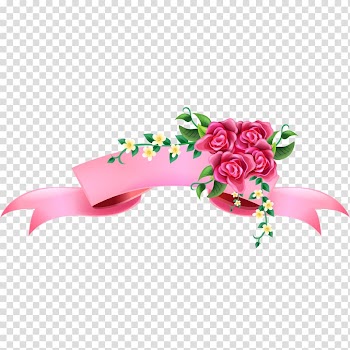 Pink and yellow flowers illustration, Pink ribbon Illustration, Rose decorative banners transparent background PNG clipart