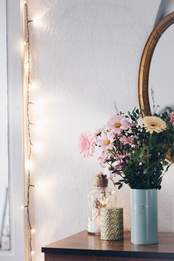 Pink and Yellow Flowers in Blue Vase