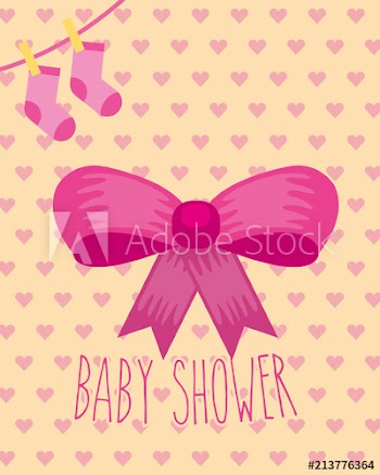 pink bow socks ribbon hearts background baby shower card