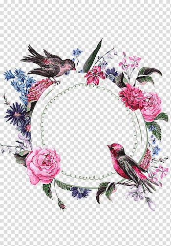 Pink flower and bird wreath , Bird Wedding invitation Flower , Creative Hand-painted floral border transparent background PNG clipart