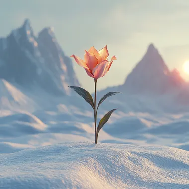 Pink Flower Blooming on Snowy Mountain Landscape at Sunrise