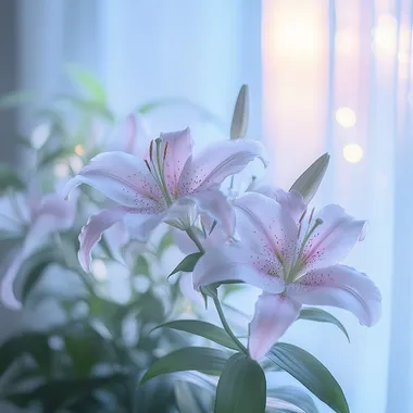 Pink flower vase by window in soft, tranquil living area setting Pink flower vase by window in soft, tranquil living area setting