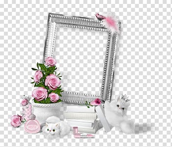 Pink flowers in pot and white cats illustration, Icon, Silver Frame transparent background PNG clipart