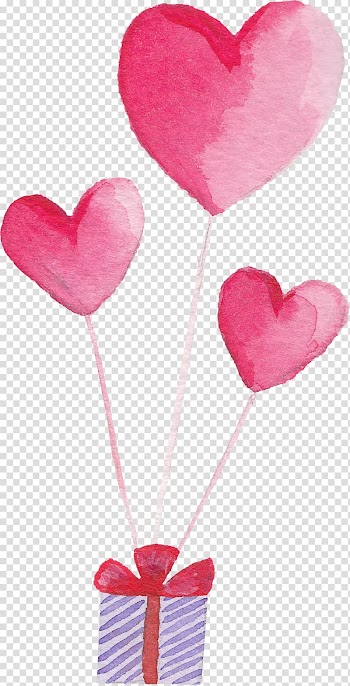 Pink hearts illustration, Balloon Heart Cartoon Watercolor painting Pink, Peach heart and gift box transparent background PNG clipart