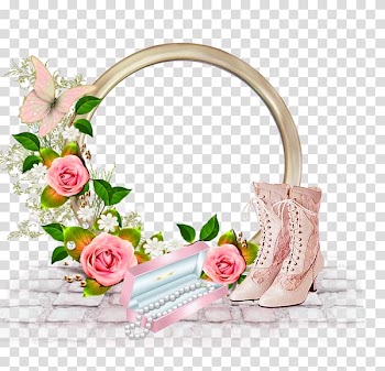 Pink leather wingtip boots, pearl necklace, and rose decors, Birthday cake Happy Birthday to You, Heels pearl pink flower frame transparent background PNG clipart
