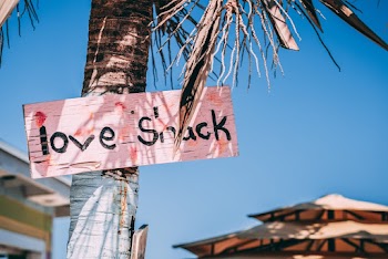 Pink Love Snack Signage on Coconut Tree