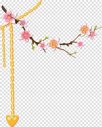 Pink petaled flowering tree branch and gold heart pendant necklace art, Hand-painted plum flowers transparent background PNG clipart