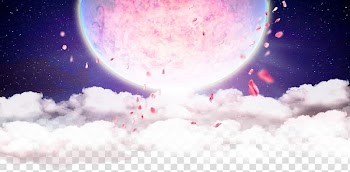 Pink petals flying over the clouds near moon illustration, Mid-Autumn Festival Moon rabbit, Mid-Autumn Moon Decoration transparent background PNG clipart