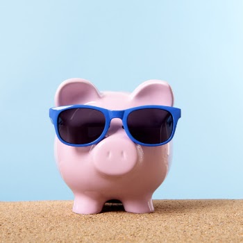 Pink piggy bank beach travel vacation savings sunglasses. Free Photo
