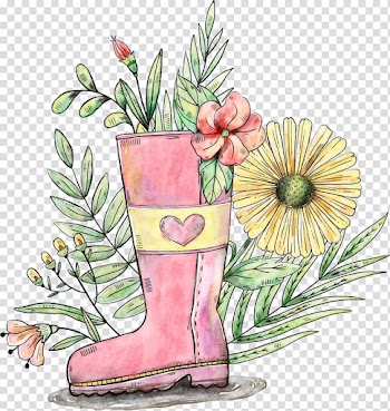Pink rain boot illustration, Gardening Flower Watercolor painting, Hand painted pink boots transparent background PNG clipart
