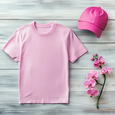 Pink t-shirt and cap mockup on light gray wooden surface with orchid