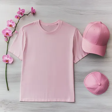 Pink T-shirt Mockup with Cap and Orchid on Light Gray Wood Surface
