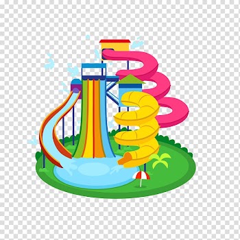 Pink, yellow, and blue pool with slide animated illustration, Wedding invitation Water park Birthday Party, color playground water slide transparent background PNG clipart