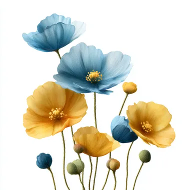Pixar Style Blue and Yellow Poppies on Transparent Background