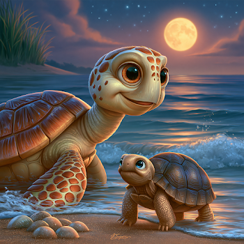 Pixar Style Loggerhead Turtle and Gopher Tortoise at Moonlit Beach