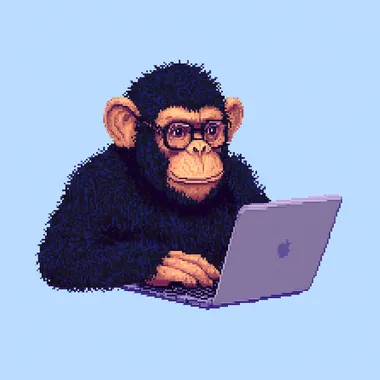 Pixel Art Monkey in Home Office Using Laptop, Creative and Smart