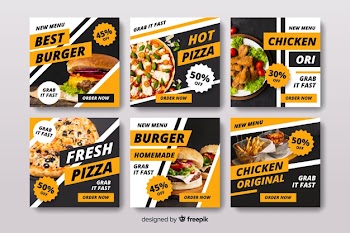 Pizza and burger  instagram post collection with photo Free Vector