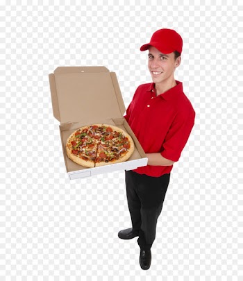 Pizza delivery Take-out Stock photography - Pizza delivery courier in red 