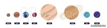 Planets of Solar system placed in horizontal row isolated on white background