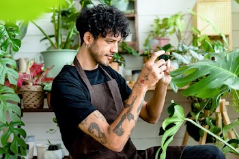 Plant shop worker takes a photo of potted… | Free stock photo | High Resolution image
