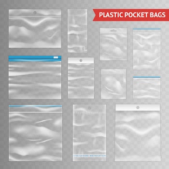 Plastic clear transparent realistic bags assortment Free Vector