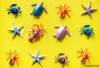 Plastic sea creatures on a yellow background