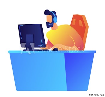 Player in headset playing online video game at computer vector illustration