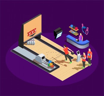 Players in red uniform during bowling game and club administration isometric composition on dark Free Vector