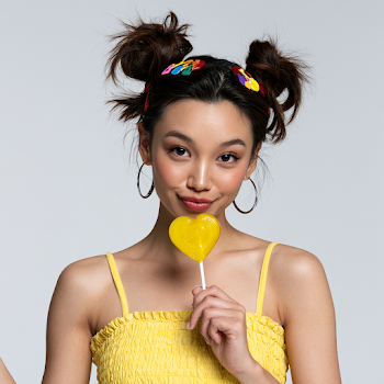 Playful Asian Woman with Heart-Shaped Lollipop