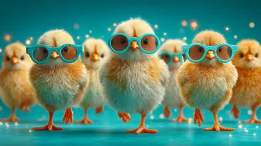 Playful Baby Chicks in Blue Sunglasses Playful Baby Chicks in Blue Sunglasses