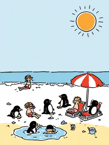 Playful Beach Scene with Penguins and Children