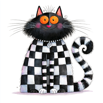 Playful Black and White Checkerboard Cat Illustration