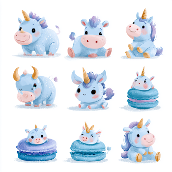 Playful Blue Unicorns and Macarons Illustration