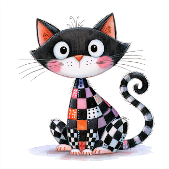 Playful Checkerboard Cat Illustration