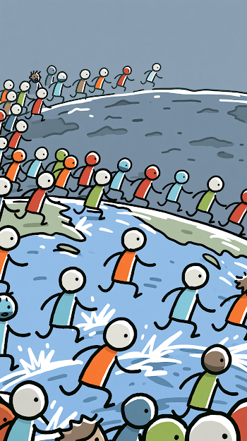 Playful Crowd Jumping on a Flat World Platform