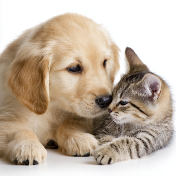Playful Golden Retriever Puppy and Tabby Kitten on White Background