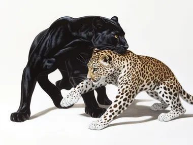 Playful Grace: A Black Panther and Leopard in Dynamic Harmony