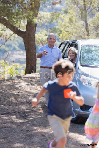 Playful grandparents and grandkids outside car at roadside