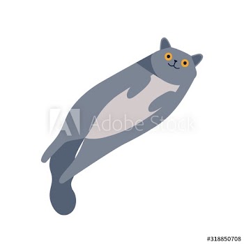 Playful gray smiling cartoon british cat lying isolated on white