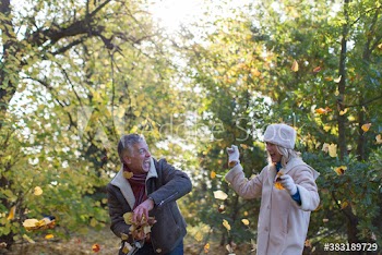 Playful mature couple throwing autumn leaves in park