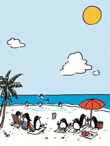 Playful Penguins Enjoying a Tropical Beach Day