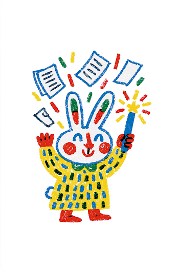 Playful Rabbit with Magic Wand and Floating Papers