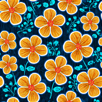 Playful Tropical Floral Pattern on Navy Background
