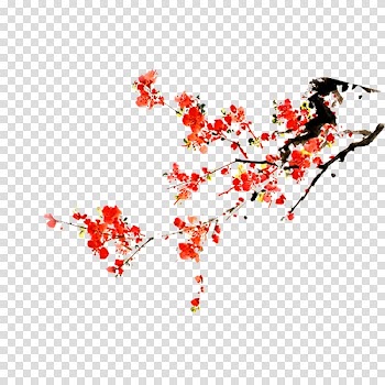 Plum blossom Ink wash painting, Plum flower transparent background PNG clipart