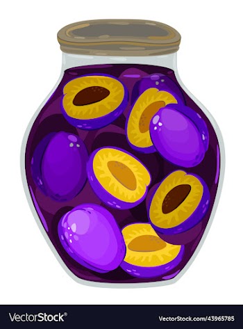 plum jam in glass jar with whole fruits and halfs