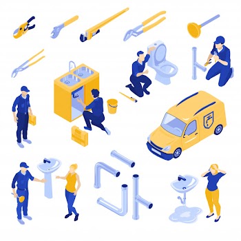 Plumbers and their equipment isometric icons set isolated on white background 3d  illustration Free Vector