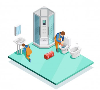 Plumbers in modern bathroom isometric image Free Vector