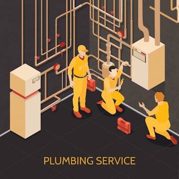 Plumbing service team at work isometric composition with basement boiler heating system maintenance Free Vector