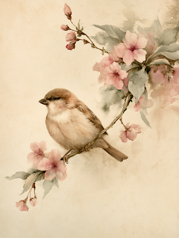 Plump Sparrow on Cherry Blossom Branch